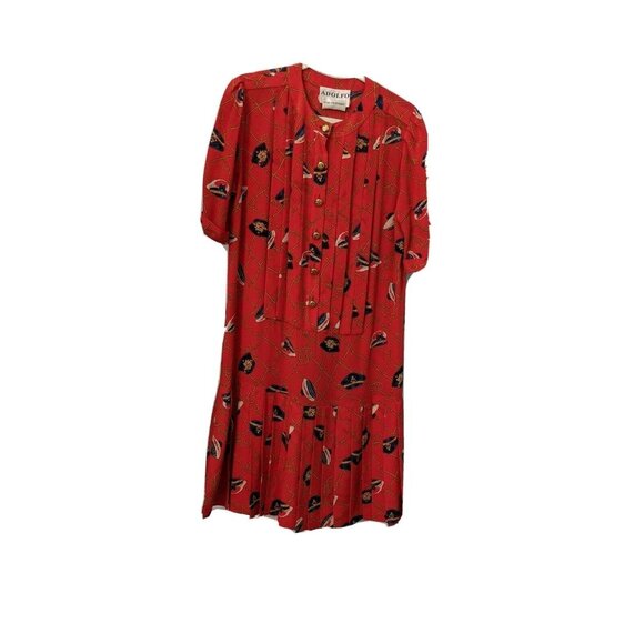 Adolfo Red Nautical Dress Gold Buttons Size L-XL Pleated Vintage Design - Picture 2 of 9